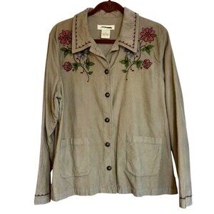 Appleseeds Beige Embroidered Women's Jacket Large Corduroy Button Up Chore Coat